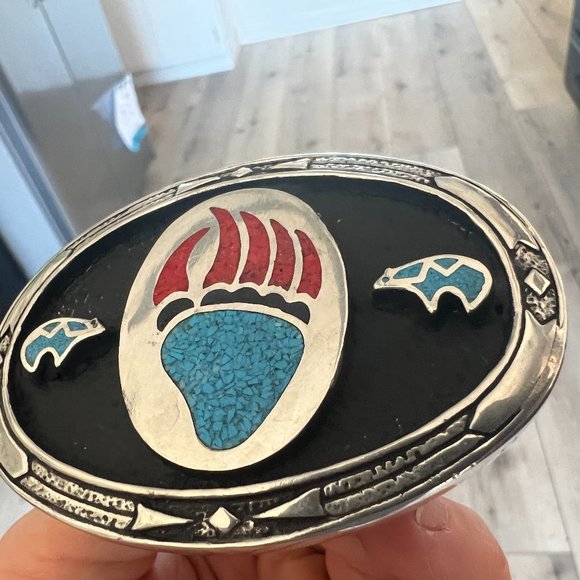 Turquoise Coral Bear Paw Belt Buckle Claw Inlay Zuni Yellowstone - Picture 2 of 3